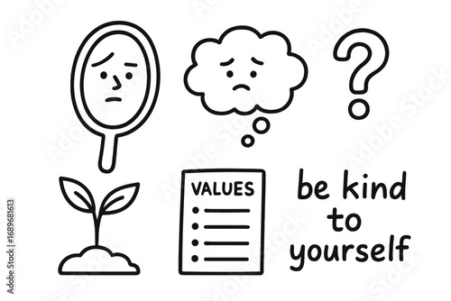 Self-Reflection Doodles. Self-reflection: hand drawn doodles of mirror face, thoughtful cloud, question mark, self-growth plant,