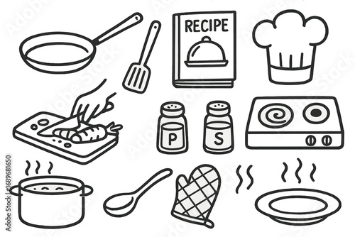 Home Cooking Icons. Home cooking doodle icon set: hand drawn icons of frying pan, spatula, recipe book, chef hat, cutting