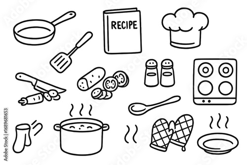 Home Cooking Icons. Home cooking doodle icon set: hand drawn icons of frying pan, spatula, recipe book, chef hat, cutting