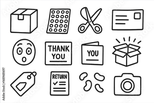 Delivery Unboxing Icons. Delivery unboxing doodle icon set: hand drawn icons of cardboard box, bubble wrap, scissors, shipping