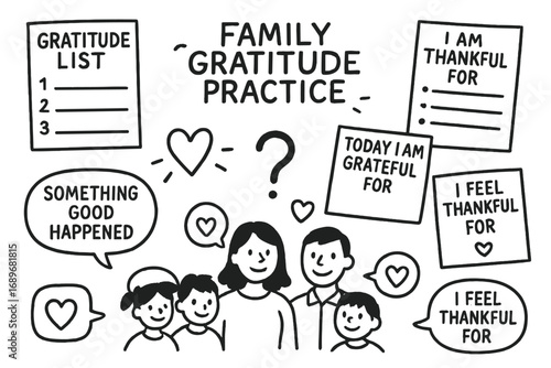 Family Gratitude Doodles. Family gratitude practice doodle set: hand drawn icons for thankful lists, prompts, and conversations,