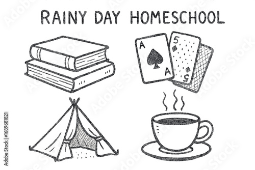 Rainy Day Doodles. Rainy day homeschool doodle set: hand drawn icons for books, card games, indoor tents, and tea, isolated
