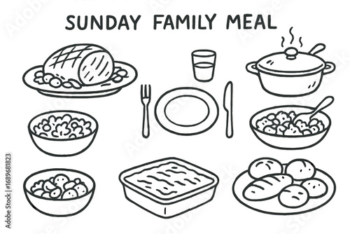 Sunday Meal Doodles. Sunday family meal doodle set: hand drawn icons for pot roast, table settings, and shared dishes, isolated