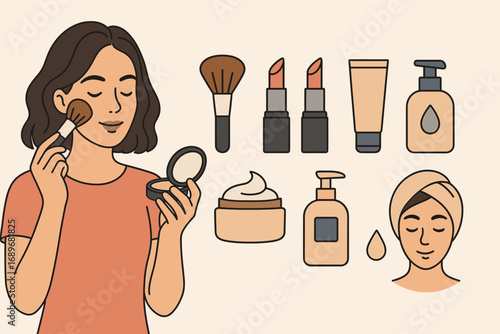 Makeup Essentials Banner. Horizontal vector banner featuring woman applying makeup and comprehensive cosmetics icon set for