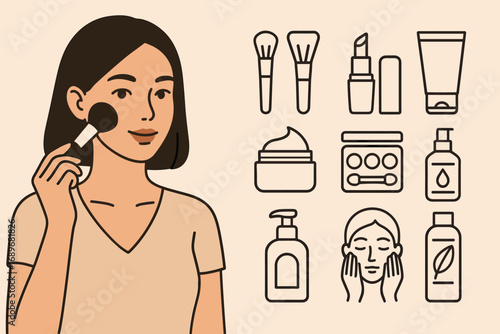 Makeup Essentials Banner. Horizontal vector banner featuring woman applying makeup and comprehensive cosmetics icon set for