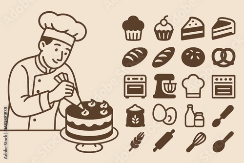 Cake Decoration Extravaganza. Horizontal vector banner featuring chef decorating cake and comprehensive bakery icon set for