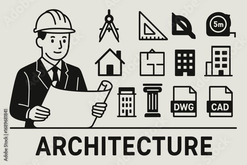 Architectural Tools Banner. Horizontal vector banner featuring architect with blueprint and comprehensive architecture icon set