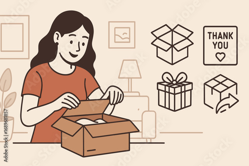 Unboxing Essentials at Home. Horizontal vector banner featuring woman opening package at home and comprehensive unboxing icon set