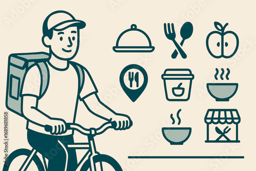 Courier & Meal Icons. Horizontal vector banner featuring courier with thermal bag and comprehensive meal delivery icon set for
