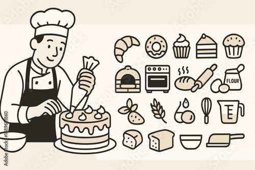 Cake Decoration Extravaganza. Horizontal vector banner featuring chef decorating cake and comprehensive bakery icon set for