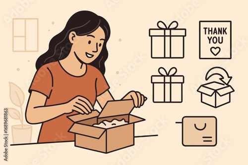 Unboxing Essentials at Home. Horizontal vector banner featuring woman opening package at home and comprehensive unboxing icon set