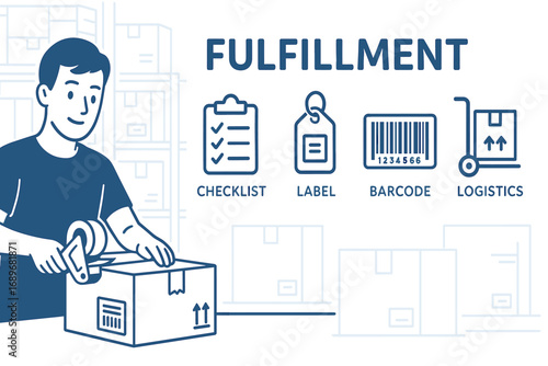 Warehouse Order Packing. Horizontal vector banner featuring guy packing order in warehouse and comprehensive fulfillment icon set