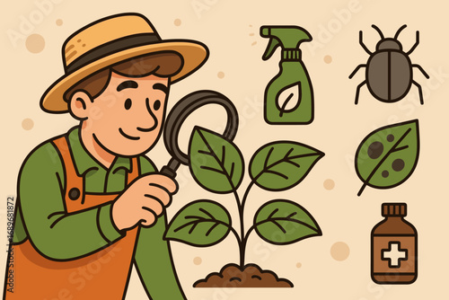 Gardener's Plant Care Guide. Cartoon-style vector banner with gardener examining leaves and plant care icon set for leaf sprays,