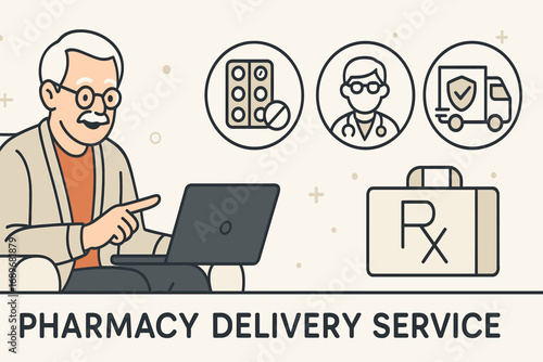Elderly Pharmacy Delivery. Horizontal vector banner featuring elderly man ordering medicine and comprehensive pharmacy delivery