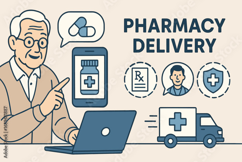 Elderly Pharmacy Delivery. Horizontal vector banner featuring elderly man ordering medicine and comprehensive pharmacy delivery
