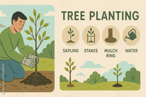 Tree Planting Essentials. Illustrated horizontal banner of man planting a tree and tree planting icon set for saplings, stakes,