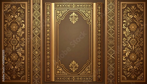 Ornate gold frames on dark brown background, intricate floral and geometric patterns