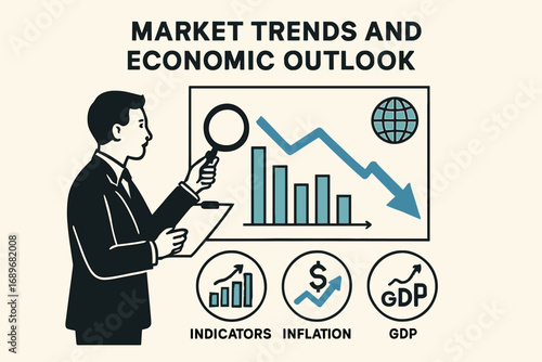Market Trends Analysis. Vector layout showing advisor checking market trends and economic outlook icon set for indicators,