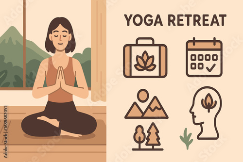 Yoga Retreat Banner. Wide banner showing yoga teacher at retreat and yoga retreat icon set for travel bag, schedule, mountain,