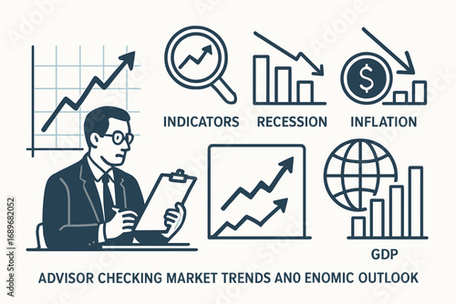 Market Trends Analysis. Vector layout showing advisor checking market trends and economic outlook icon set for indicators,