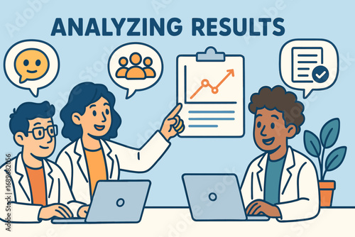Collaborative Science Team. Cartoon-style horizontal panel showing team analyzing results and collaborative science icon set for