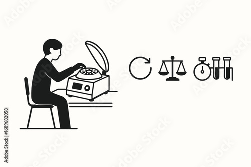Lab Equipment Icons. Minimalist vector strip with researcher using centrifuge and lab equipment icon set for spinning icon,