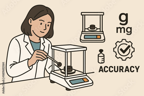 Analytical Balance Icons. Vector strip showing scientist measuring weight and precision icon set for analytical balance, units,