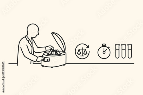 Lab Equipment Icons. Minimalist vector strip with researcher using centrifuge and lab equipment icon set for spinning icon,