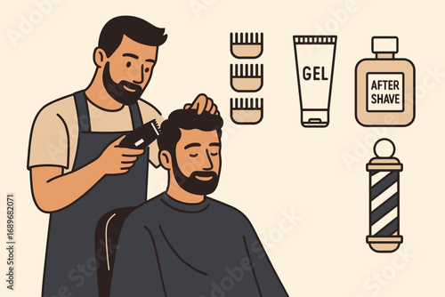 Barbershop Essentials. Vector banner featuring man getting haircut and male grooming icon set for clipper guards, gel, aftershave