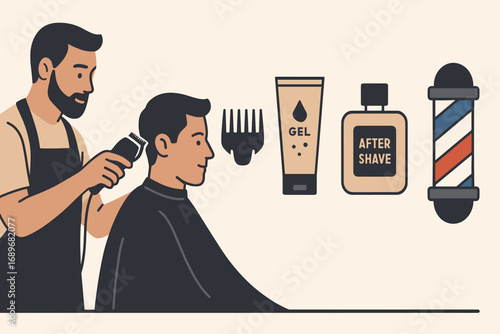 Barbershop Essentials. Vector banner featuring man getting haircut and male grooming icon set for clipper guards, gel, aftershave