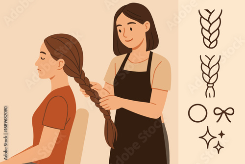 Hair Braiding Styles. Scene with stylist braiding long hair and braid icon set for tight braid, loose braid, ties and shine icons.