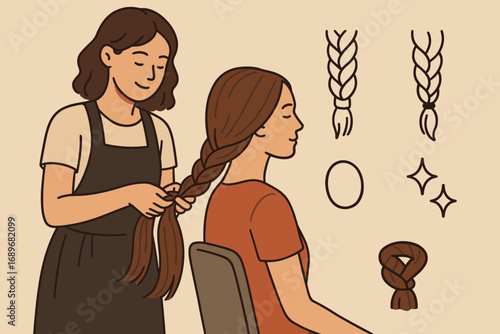 Hair Braiding Styles. Scene with stylist braiding long hair and braid icon set for tight braid, loose braid, ties and shine icons.