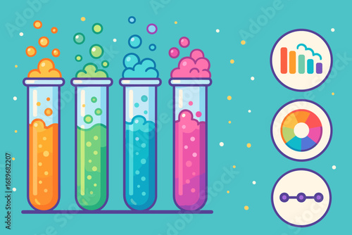 Rainbow Reaction Banner. Illustrated banner of bubbling rainbow tubes and visual reaction icon set for gradient scale, foam,