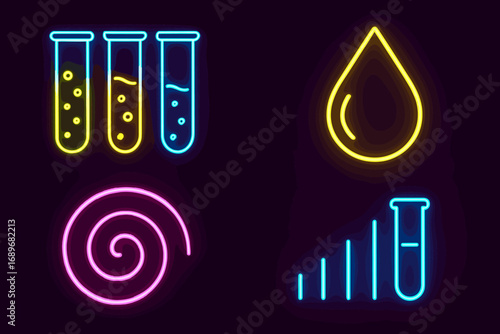 Neon Chemistry Icons. Colorful vector panel with neon liquids in test tubes and vibrant chemistry icon set for bright drops, swirl