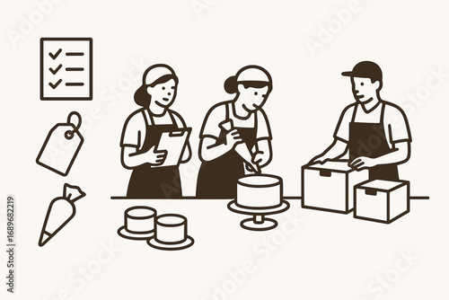 Team's Cake Workflow. Minimalist vector strip with team preparing cake orders and workflow icon set for checklist, labels, piping