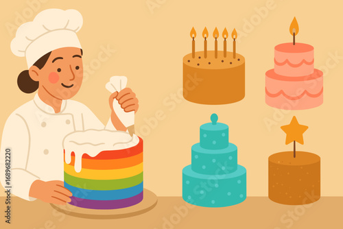 Rainbow Cake Celebration. Scene banner with baker frosting rainbow cake and celebration cake icon set for candles, tiers, fondant