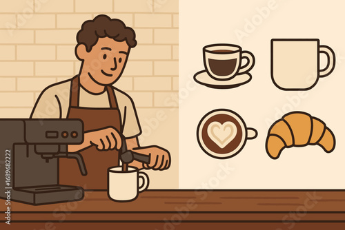 Coffee Break Essentials. Scene with employee brewing coffee behind counter and drink pairing icon set for espresso machine, mug,