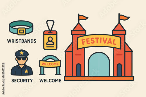 Festival Entrance Icons. Horizontal composition showing festival entrance gates and ticketing icon set for wristbands, pass,