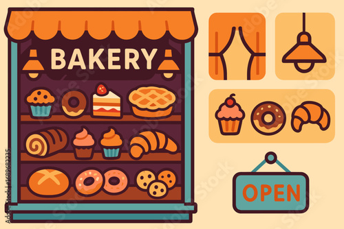 Colorful Bakery Window. Colorful vector panel with bakery window full of treats and showcase icon set for curtain, lighting,