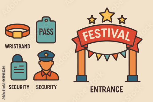 Festival Entrance Icons. Horizontal composition showing festival entrance gates and ticketing icon set for wristbands, pass,