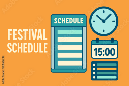 Festival Schedule Design. Flat design banner featuring festival schedule display and timing icon set for setlist, clock, time