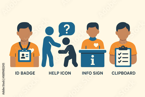 Volunteer Team Icons. Stylized flat vector of volunteer team assisting visitors and staff icon set for ID badge, help icon, info