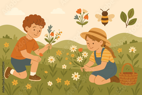 Kids Collecting Wildflowers. Wide vector layout with kids picking wildflowers and nature icon set for blooms, bee, basket and