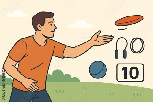 Family Fun Games. Horizontal composition showing dad tossing frisbee and games icon set for frisbee, jump rope, ball and points
