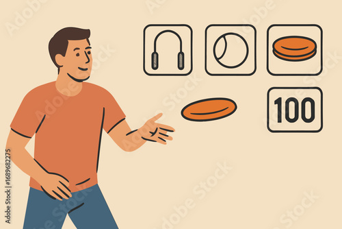 Family Fun Games. Horizontal composition showing dad tossing frisbee and games icon set for frisbee, jump rope, ball and points