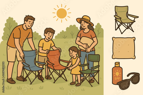 Family Summer Setup. Scene with family setting up foldable chairs and comfort icon set for chairs, cushions, sunblock and