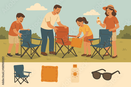 Family Summer Setup. Scene with family setting up foldable chairs and comfort icon set for chairs, cushions, sunblock and