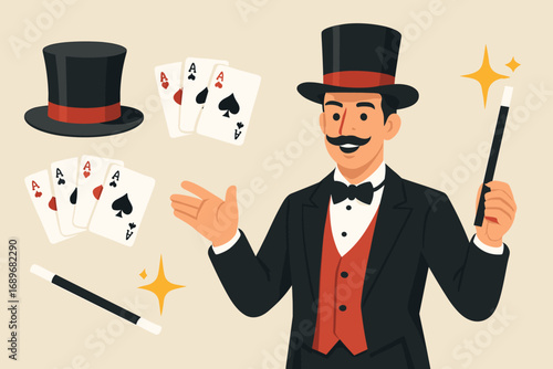 Magical Performance Icons. Wide vector layout with magician performing tricks and entertainment icon set for hat, cards, wand and
