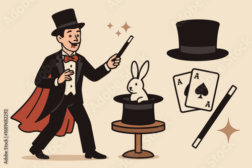 Magical Performance Icons. Wide vector layout with magician performing tricks and entertainment icon set for hat, cards, wand and