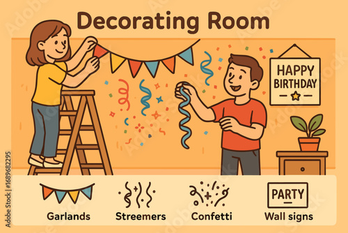 Party Room Preparation. Cartoon-style banner depicting parents decorating room and setup icon set for garlands, streamers,